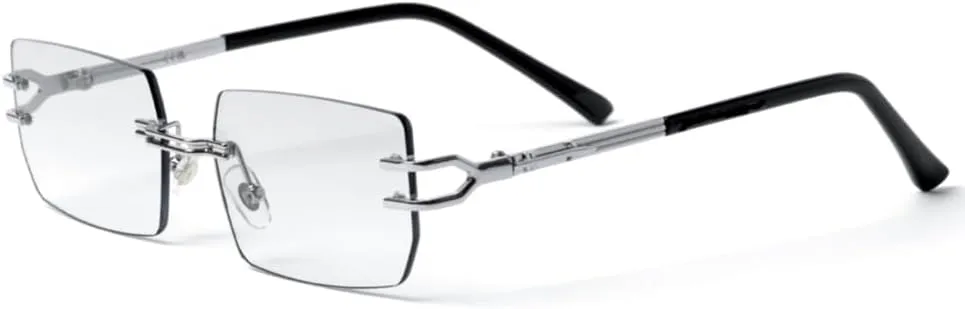 Retro Original Vintage Style Designer Rimless Clear Lens Rectangular Silver Wire Frame Metal Unisex Square Frameless Men’s Women Clear Tint Rectangle Hip Hop Eye Glasses
