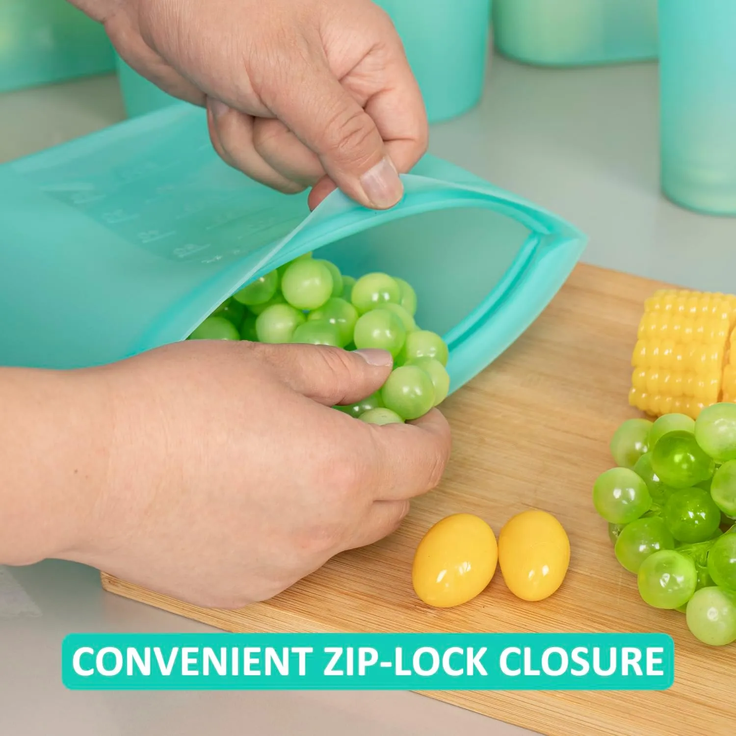 Reusable Food Bags, 8 Pack 100% Silicone Food Storage Bags Stand Up Zip Lock Container, Freezer Microwave Oven Dishwasher Safe, 4 Large 2 Medium 2 Small, Aqua