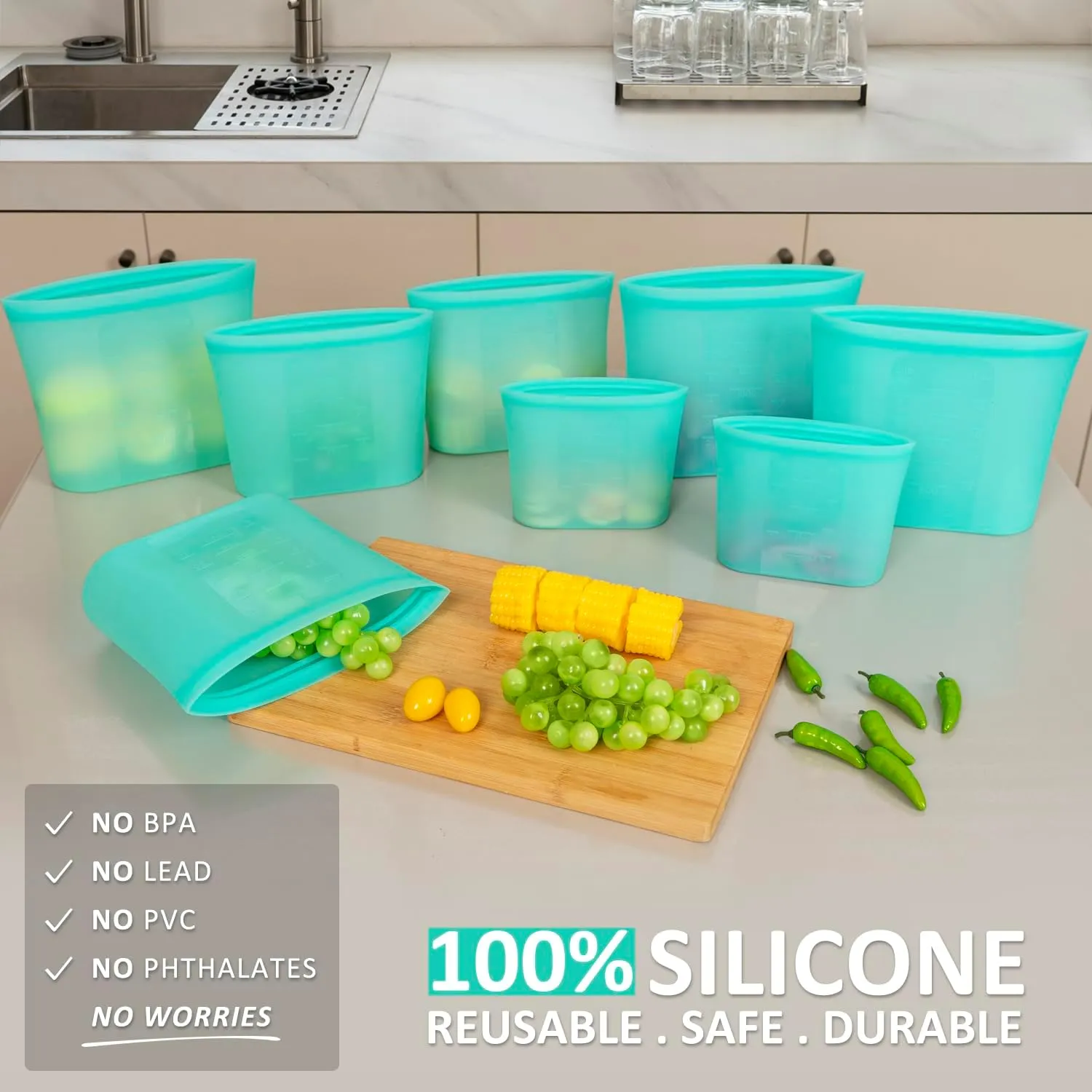 Reusable Food Bags, 8 Pack 100% Silicone Food Storage Bags Stand Up Zip Lock Container, Freezer Microwave Oven Dishwasher Safe, 4 Large 2 Medium 2 Small, Aqua
