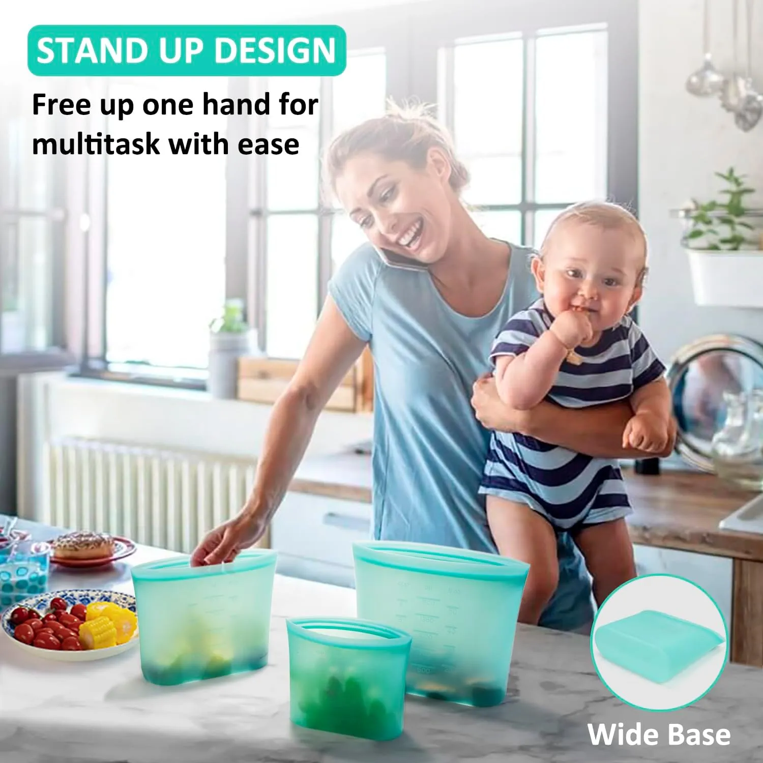 Reusable Food Bags, 8 Pack 100% Silicone Food Storage Bags Stand Up Zip Lock Container, Freezer Microwave Oven Dishwasher Safe, 4 Large 2 Medium 2 Small, Aqua