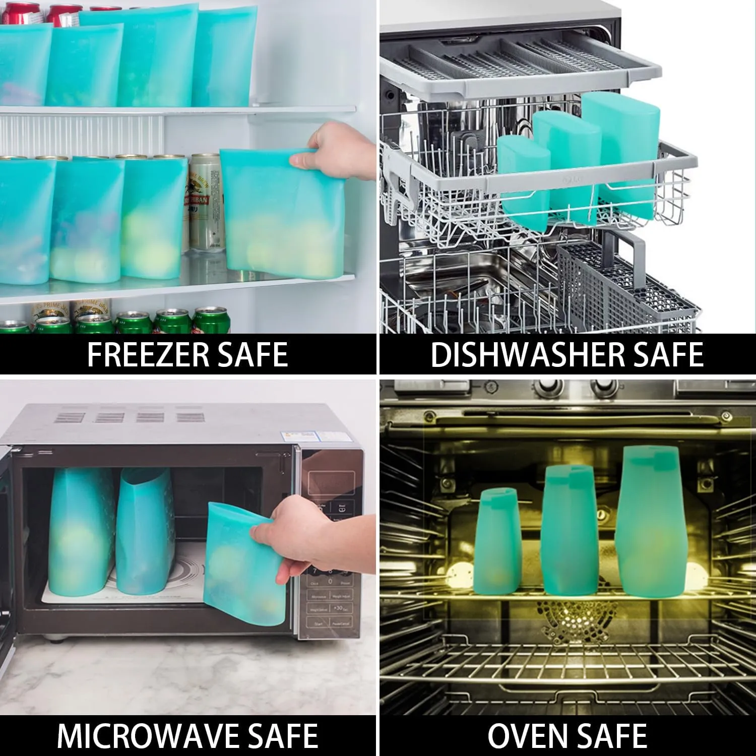Reusable Food Bags, 8 Pack 100% Silicone Food Storage Bags Stand Up Zip Lock Container, Freezer Microwave Oven Dishwasher Safe, 4 Large 2 Medium 2 Small, Aqua