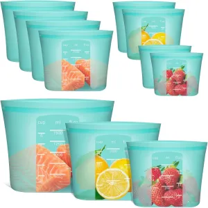 Reusable Food Bags, 8 Pack 100% Silicone Food Storage Bags Stand Up Zip Lock Container, Freezer Microwave Oven Dishwasher Safe, 4 Large 2 Medium 2 Small, Aqua