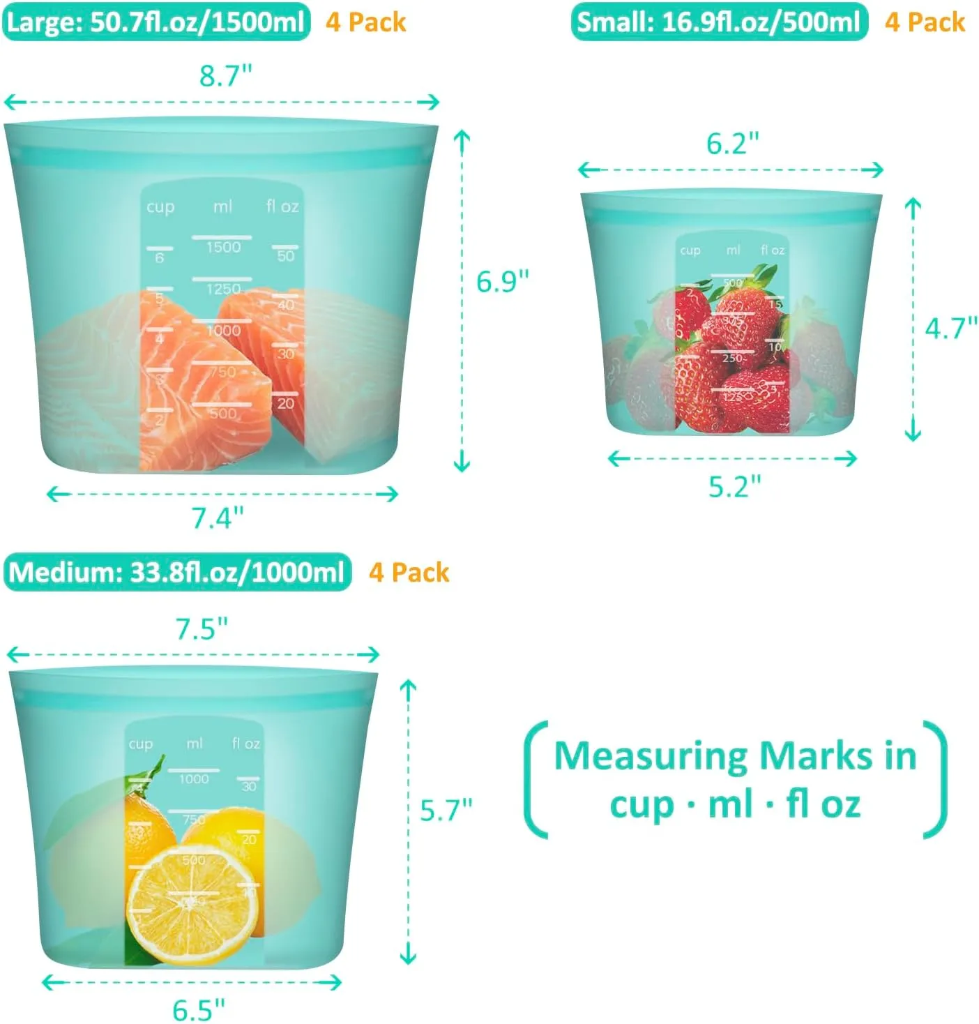 Reusable Food Bags, 8 Pack 100% Silicone Food Storage Bags Stand Up Zip Lock Container, Freezer Microwave Oven Dishwasher Safe, 4 Large 2 Medium 2 Small, Aqua