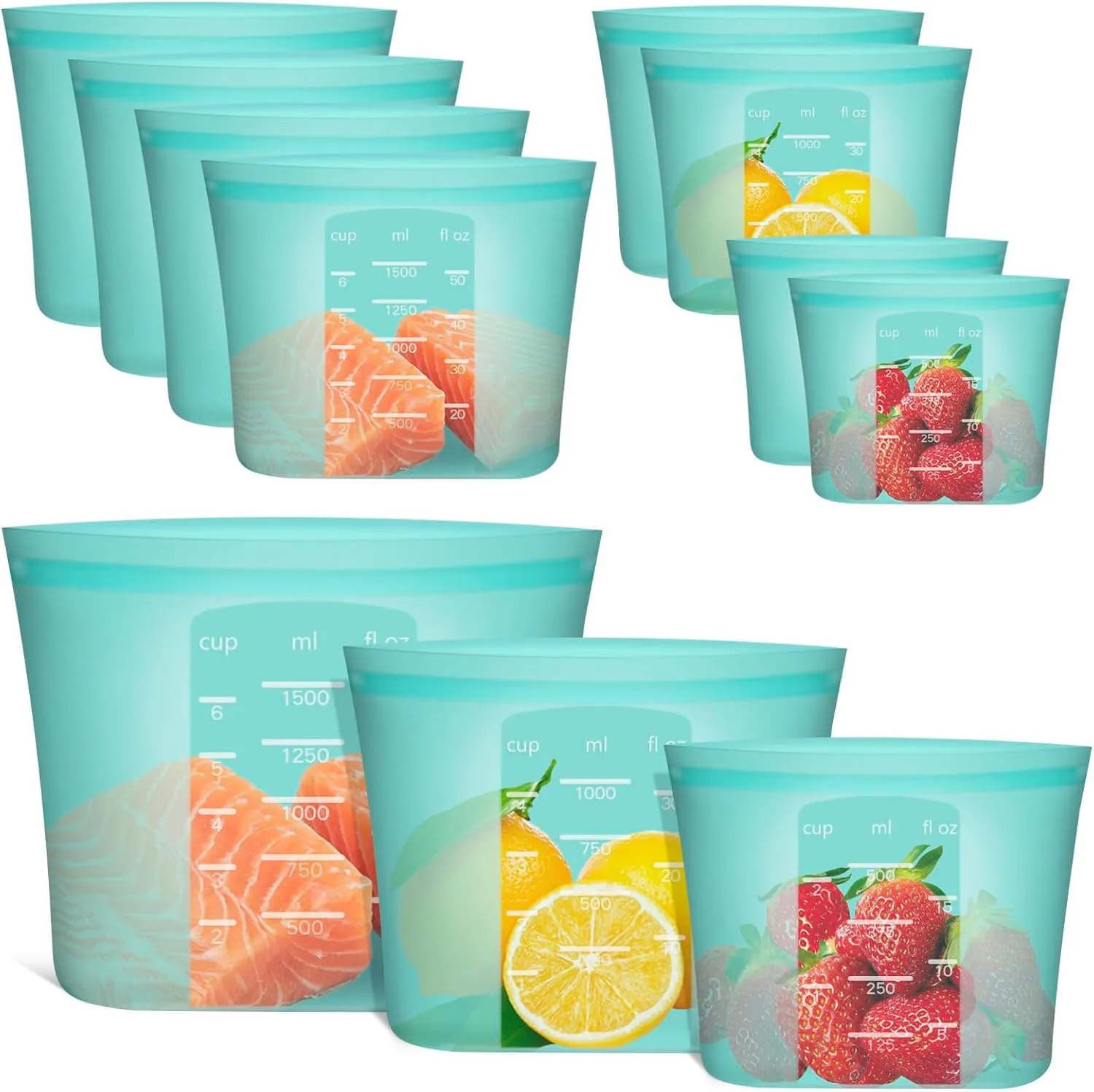 Reusable Food Bags, 8 Pack 100% Silicone Food Storage Bags Stand Up Zip Lock Container, Freezer Microwave Oven Dishwasher Safe, 4 Large 2 Medium 2 Small, Aqua