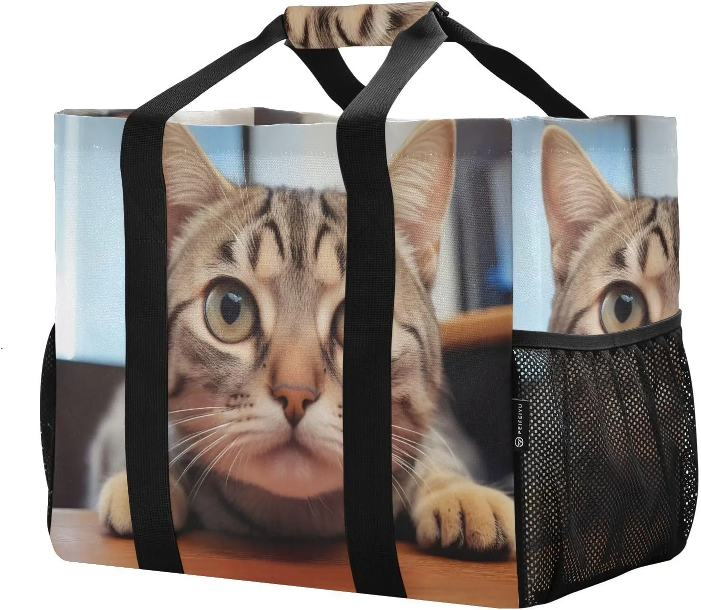 Reusable Grocery Bags Foldable Curious Cat Shopping Bags, Heavy Duty Grocery Bags with Reinforced Bottom & Handles