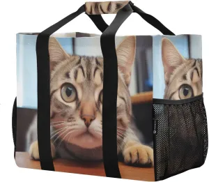 Reusable Grocery Bags Foldable Curious Cat Shopping Bags, Heavy Duty Grocery Bags with Reinforced Bottom & Handles