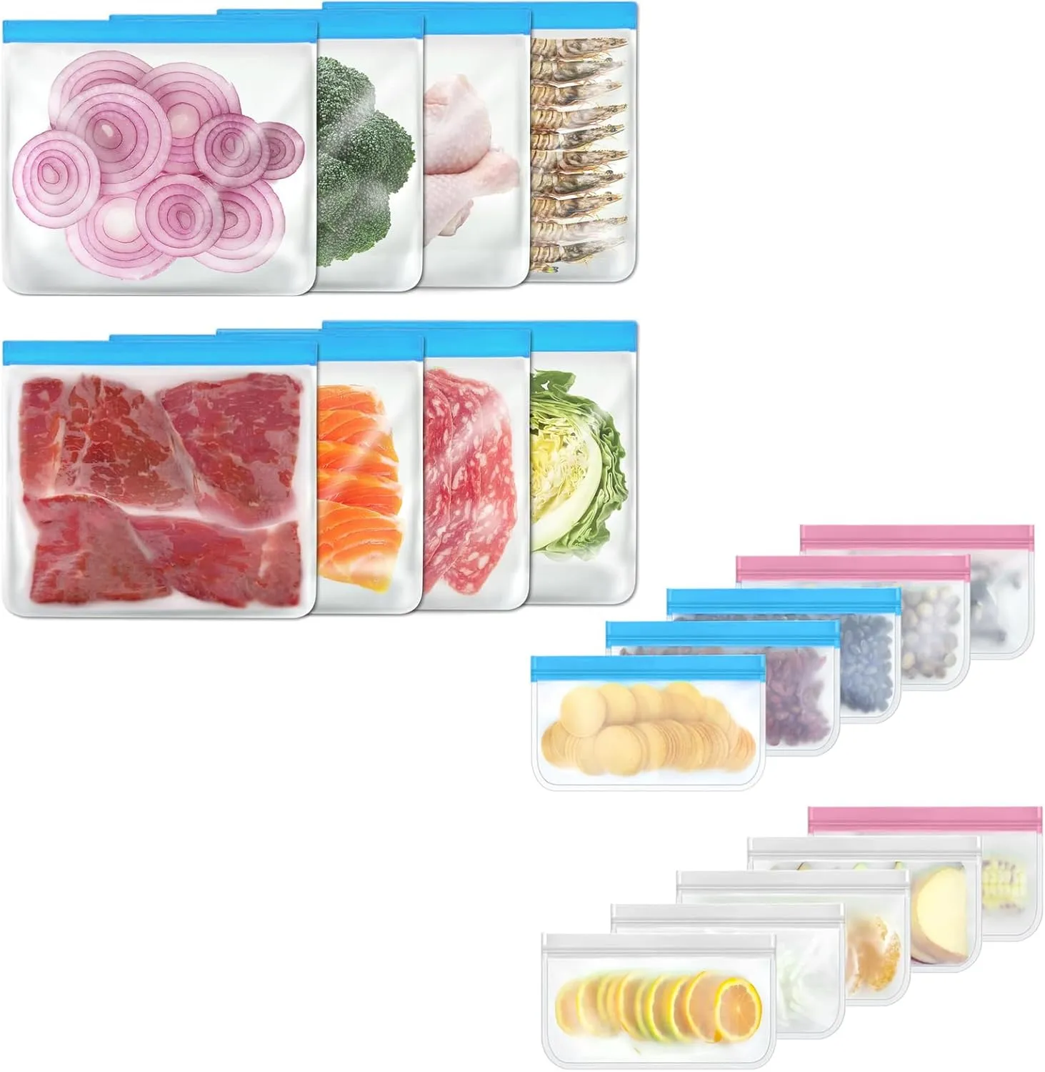Reusable Silicone Bags Dishwasher Safe， Silicone Leakproof Reusable Freezer Bags, BPA Free Reusable Food Storage Bags for Candy, Snack, Cereal, Travel Items, Home Organization（18pcs）