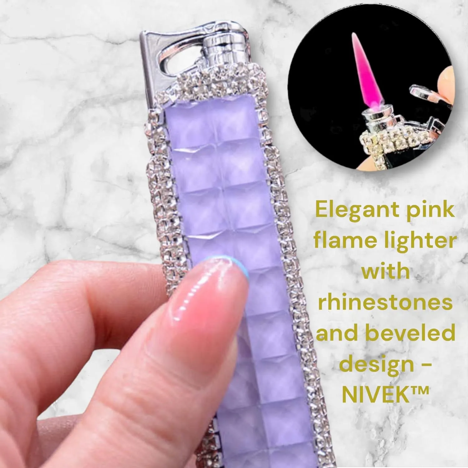 Rhinestone Bling Lighter Luxury Blue Torch Refillable Windproof Elegant Evening Party Gift Luxe (Light Purple)