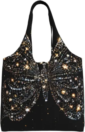 (Rhinestone Butterfly) Large Tote Shoulder Bag Fashion Canvas Handbag Reusable Shopping Bag Travel Bag For Women