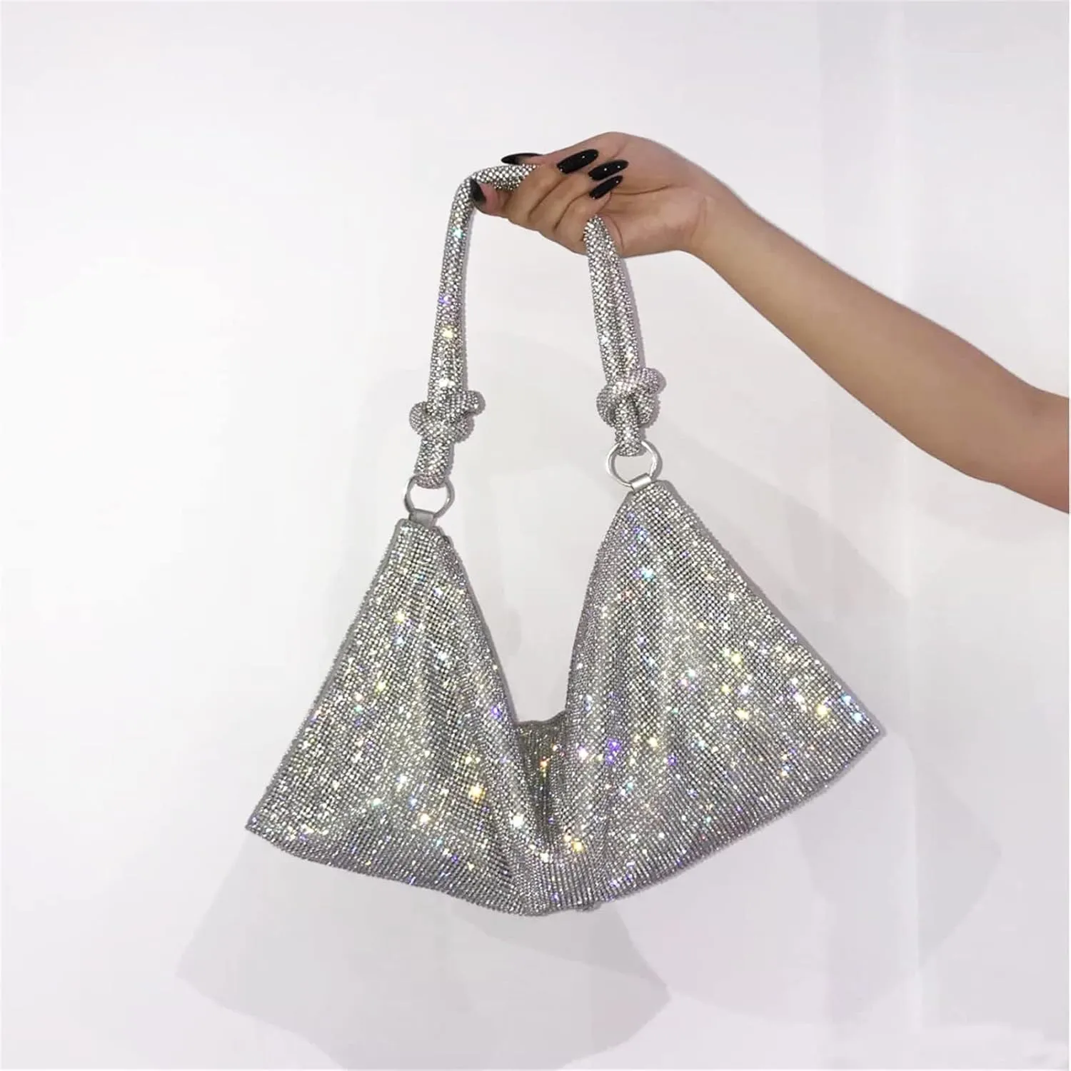 Rhinestone Hobo Bag For Women Chic Sparkly Evening Handbag Shiny Silver Clutch Bling Purse For Party Club Wedding