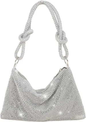 Rhinestone Hobo Bag For Women Chic Sparkly Evening Handbag Shiny Silver Clutch Bling Purse For Party Club Wedding