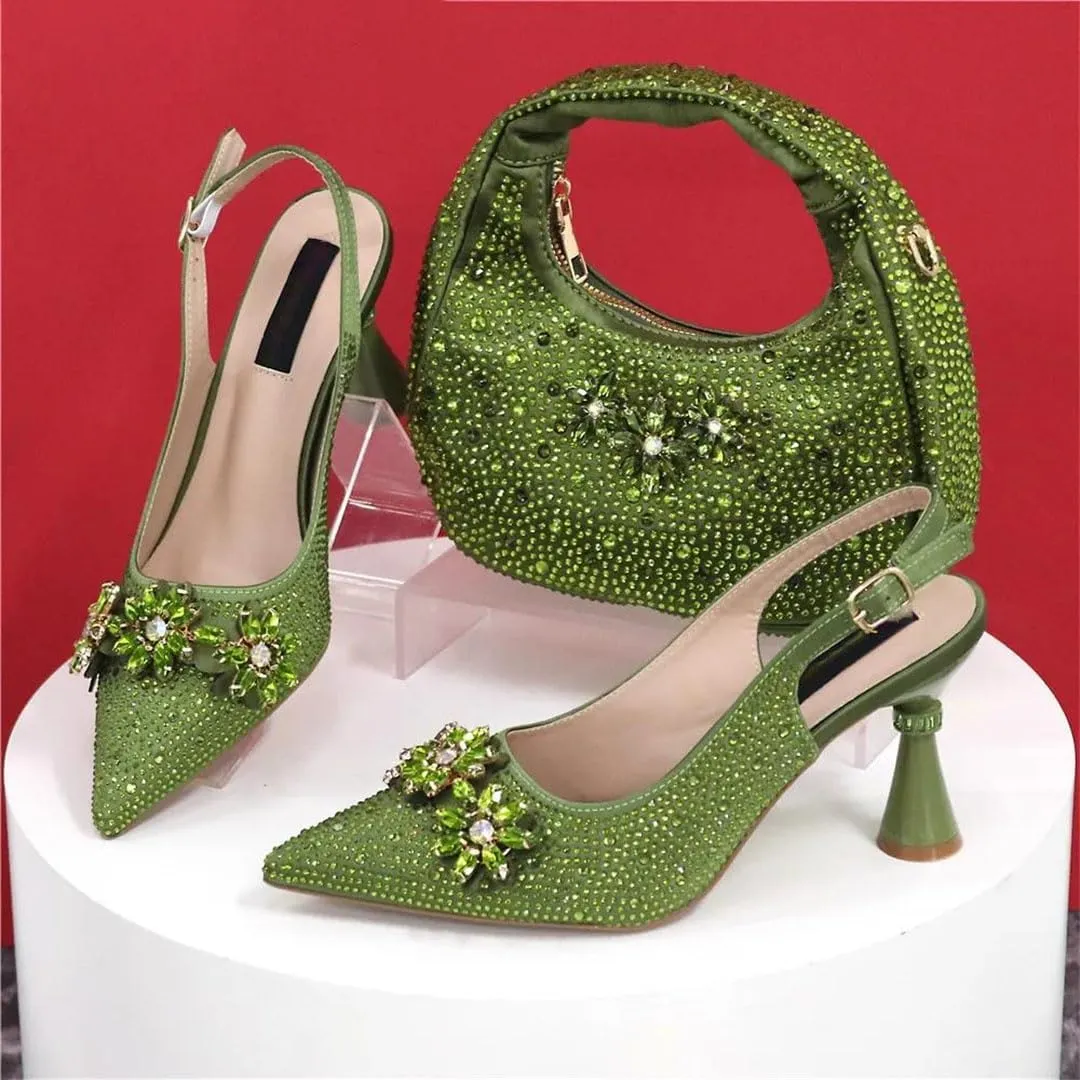 Rhinestone Wedding Party Shoes and Bag Set Pointed Toe High Heel Luxury Pumps