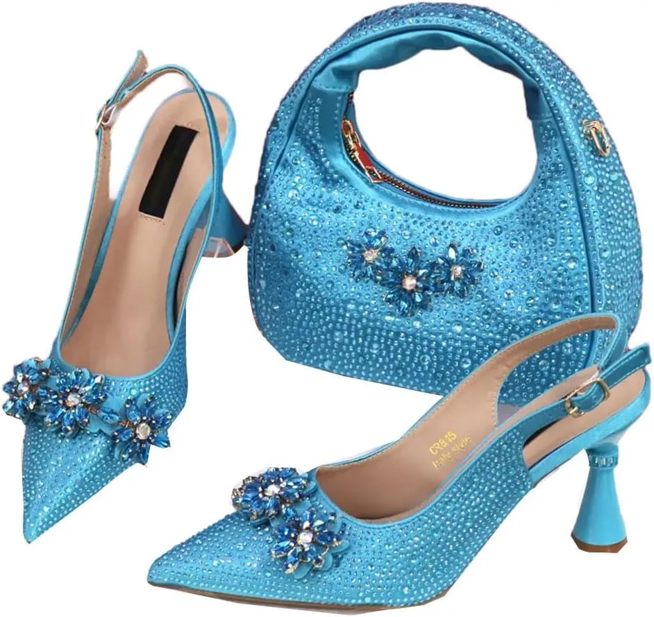 Rhinestone Wedding Party Shoes and Bag Set Pointed Toe High Heel Luxury Pumps