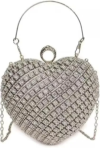 Rhinestones Heart Shape Clutch Purses for Women Sparkly Evening Bags for Prom Cocktail Party Wedding Purse (Silver)
