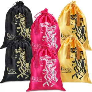 Riakrum 6 Pieces Satin Wig Bags Silky Storage Bag with Drawstring Satin Pouch for Hair Storage Pouch with Tassel for Wigs Bundles Tools Hair Extensions Travel Use