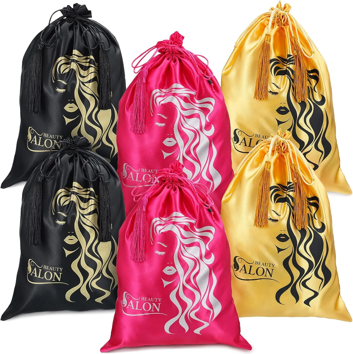 Riakrum 6 Pieces Satin Wig Bags Silky Storage Bag with Drawstring Satin Pouch for Hair Storage Pouch with Tassel for Wigs Bundles Tools Hair Extensions Travel Use