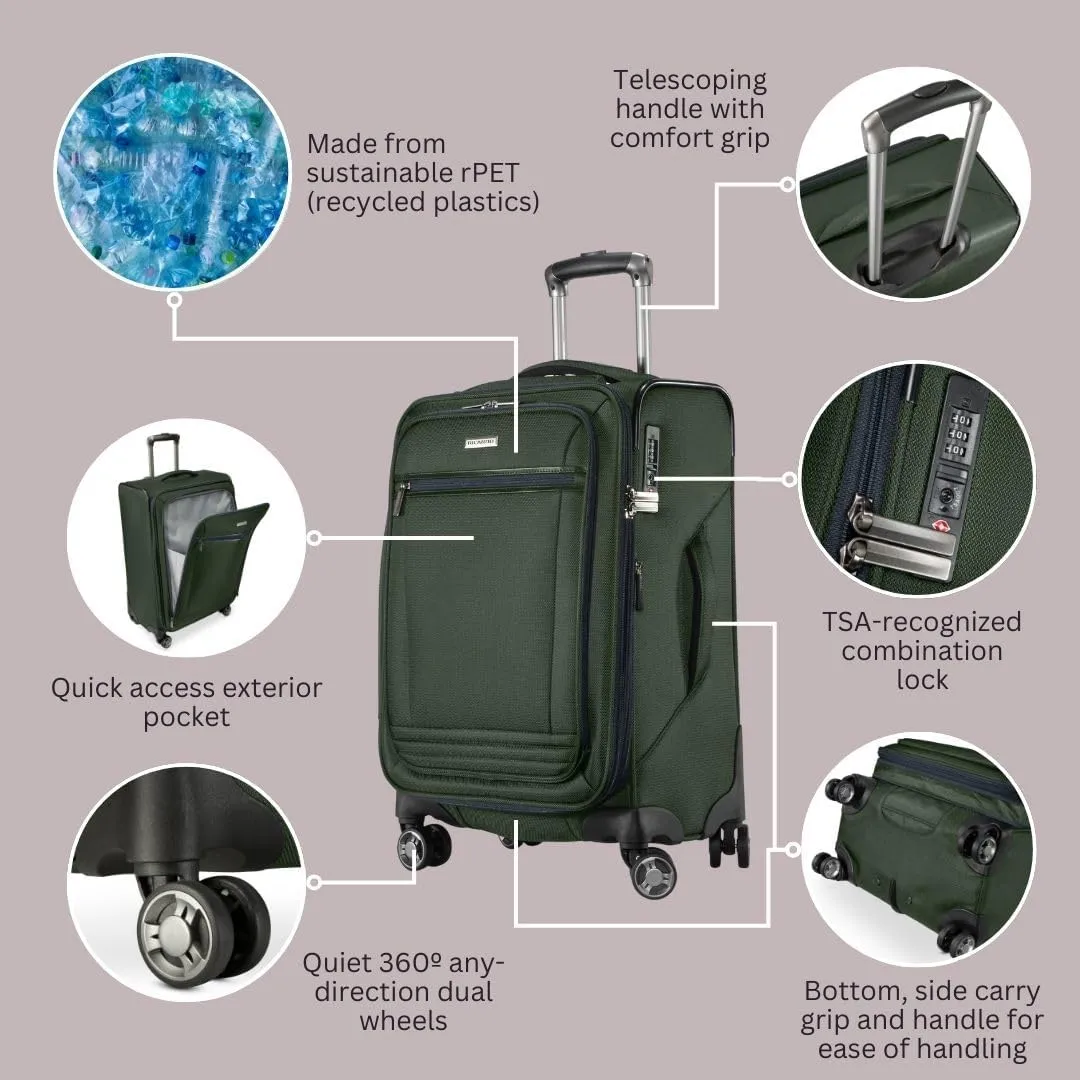 Ricardo Beverly Hills Avalon Softside Carry-On Luggage Made with Sustainable 100% Recycled PET (rPET), Lightweight, Eco-Friendly Travel, Expandable, Dual Spinner Wheels, Juniper Green, 20-inch