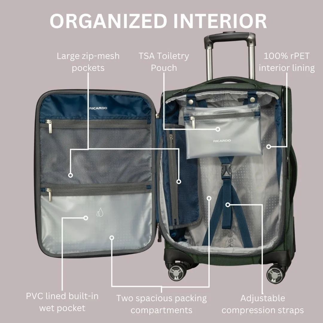 Ricardo Beverly Hills Avalon Softside Carry-On Luggage Made with Sustainable 100% Recycled PET (rPET), Lightweight, Eco-Friendly Travel, Expandable, Dual Spinner Wheels, Juniper Green, 20-inch