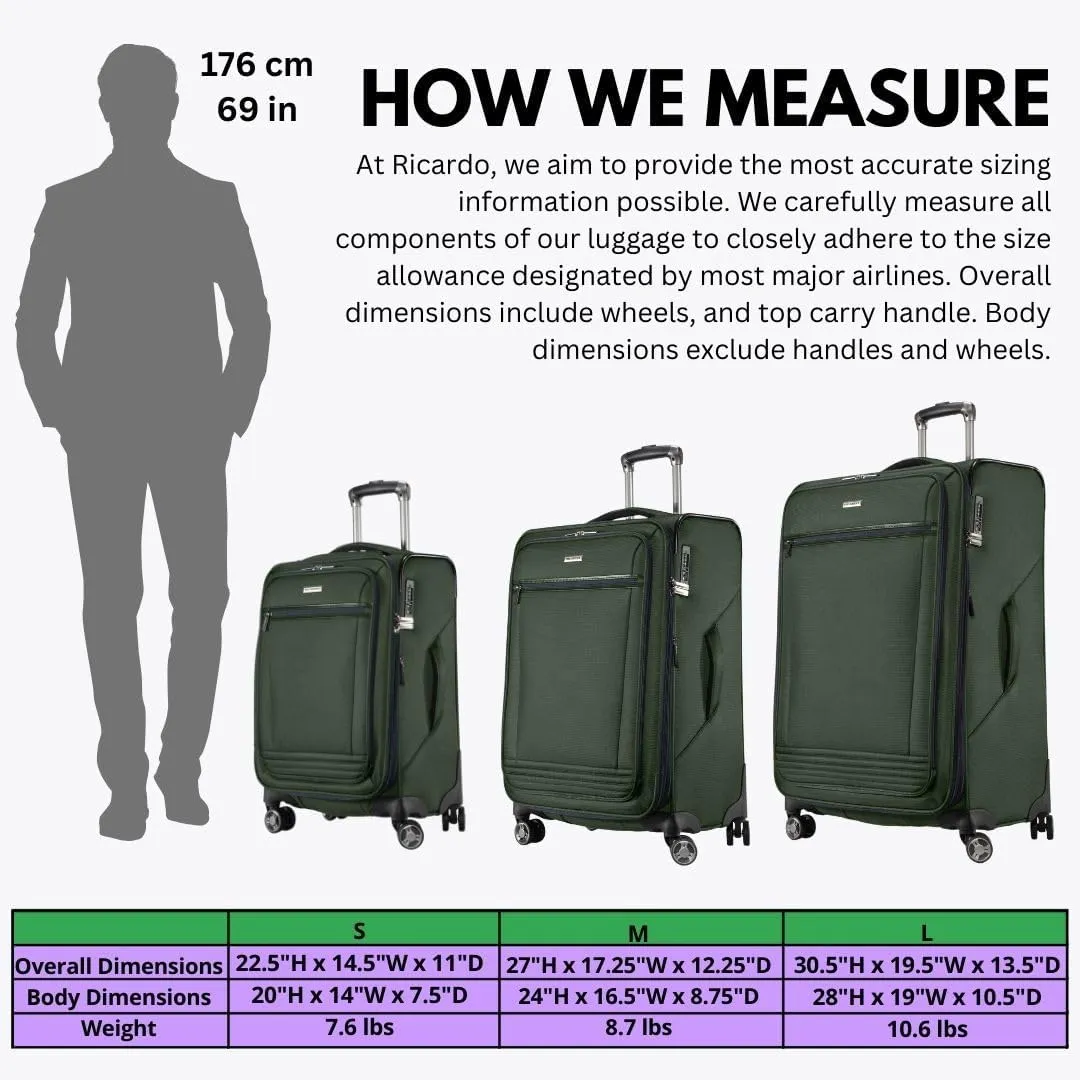 Ricardo Beverly Hills Avalon Softside Carry-On Luggage Made with Sustainable 100% Recycled PET (rPET), Lightweight, Eco-Friendly Travel, Expandable, Dual Spinner Wheels, Juniper Green, 20-inch