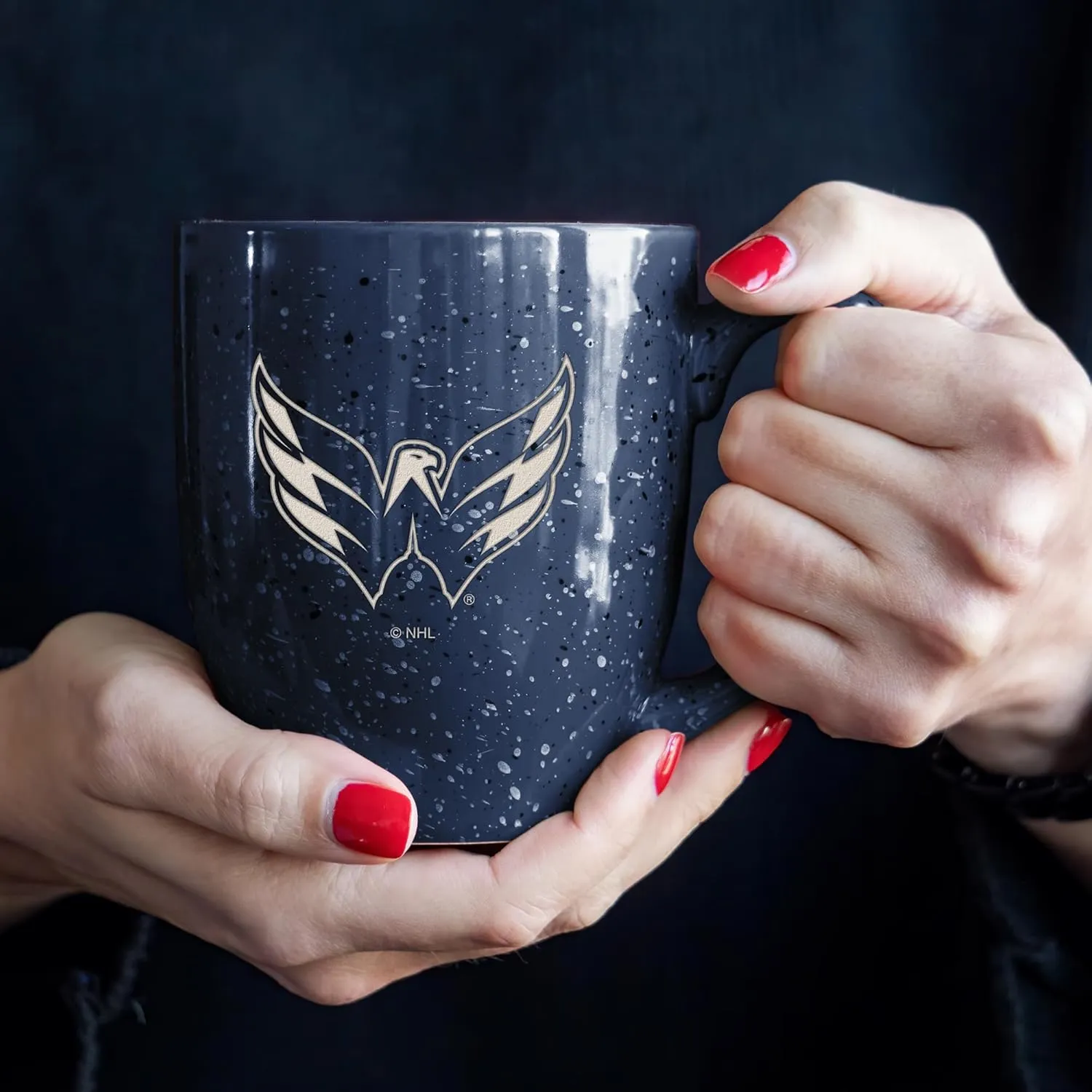 Rico Industries NHL Hockey Washington Capitals Navy Personalized 16 oz Team Color Laser Engraved Speckled Ceramic Coffee Mug