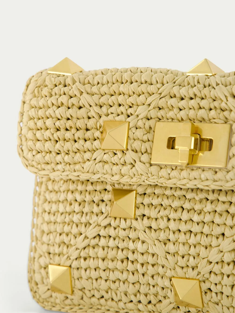 Roman Stud Medium Raffia Clutch Bag