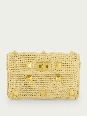 Roman Stud Medium Raffia Clutch Bag