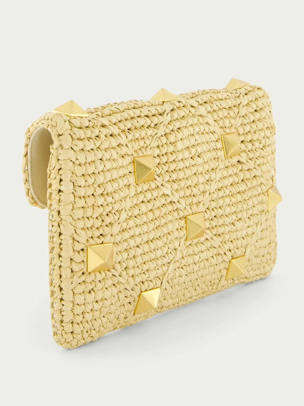 Roman Stud Medium Raffia Clutch Bag