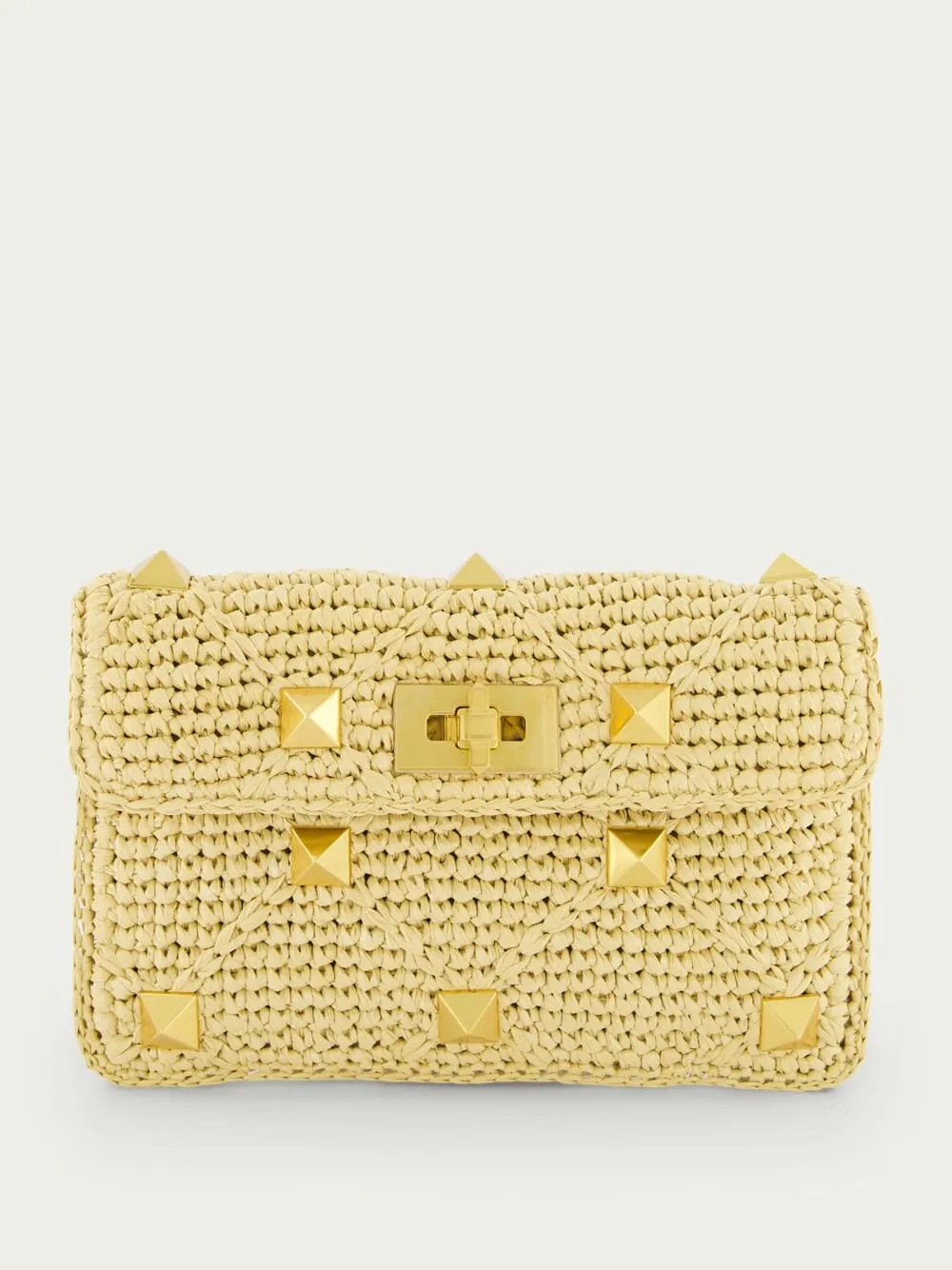 Roman Stud Medium Raffia Clutch Bag