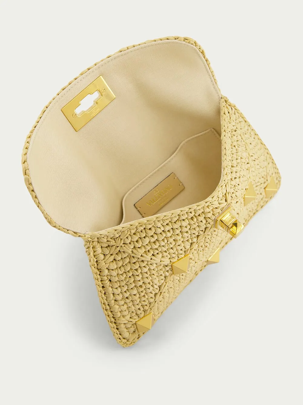 Roman Stud Medium Raffia Clutch Bag
