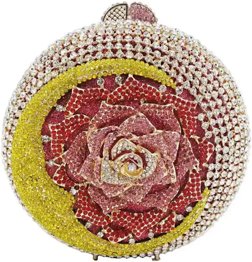RomanticDesign Women Moon Flower Evening Bag Round Luxury Sparkly Rhinestone Bride Clutch Handbag Party Prom Banquet Purse