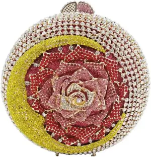 RomanticDesign Women Moon Flower Evening Bag Round Luxury Sparkly Rhinestone Bride Clutch Handbag Party Prom Banquet Purse
