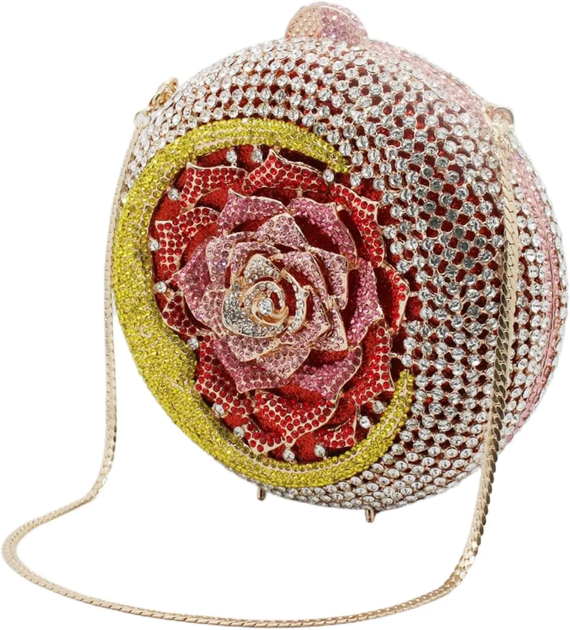 RomanticDesign Women Moon Flower Evening Bag Round Luxury Sparkly Rhinestone Bride Clutch Handbag Party Prom Banquet Purse