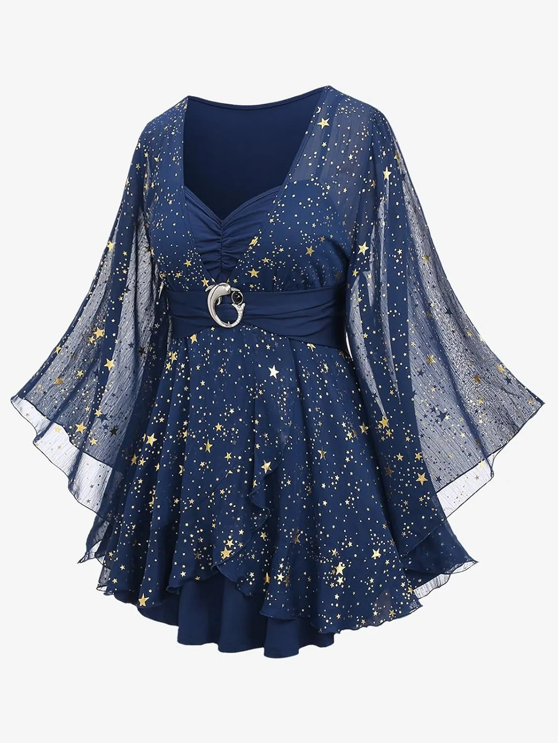 Rosegal Plus Size Womens Elegant Sparkly Gold Stamping Stars Print Long Flare Sleeve 2 in 1 Flowy Top