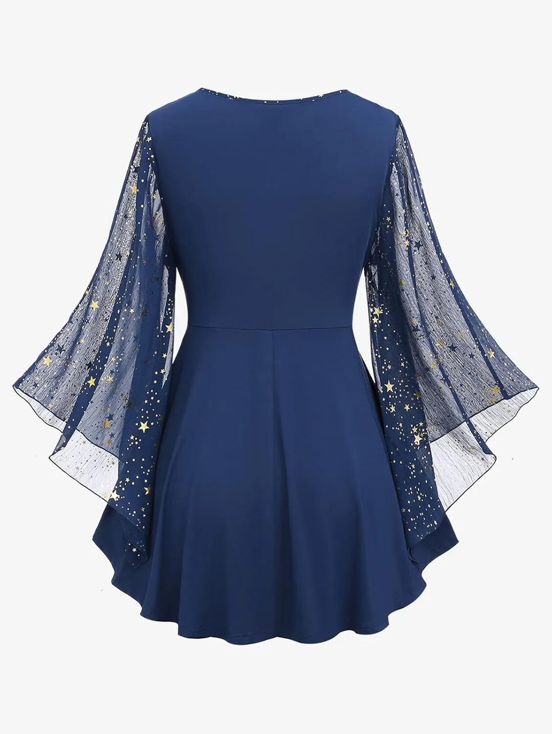Rosegal Plus Size Womens Elegant Sparkly Gold Stamping Stars Print Long Flare Sleeve 2 in 1 Flowy Top