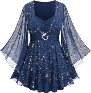 Rosegal Plus Size Womens Elegant Sparkly Gold Stamping Stars Print Long Flare Sleeve 2 in 1 Flowy Top