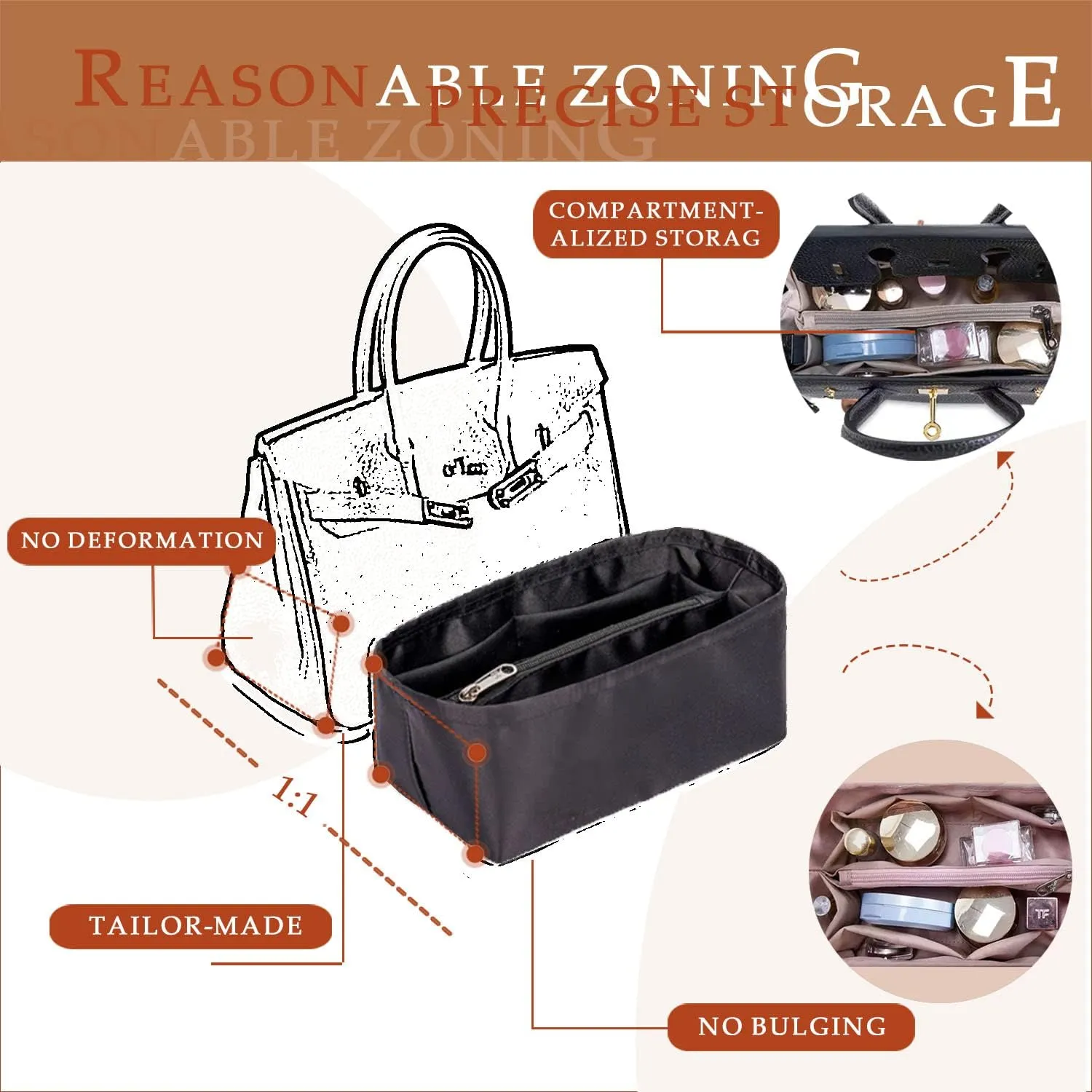 Satin Purse Organizer Insert For Handbags, Silky Smooth Bag Organizer With Zipper, Large Capacity,Women, Handbags Shaper For Birkin(25,Black)
