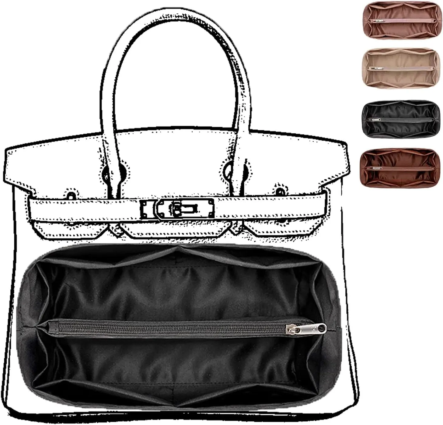 Satin Purse Organizer Insert For Handbags, Silky Smooth Bag Organizer With Zipper, Large Capacity,Women, Handbags Shaper For Birkin(25,Black)
