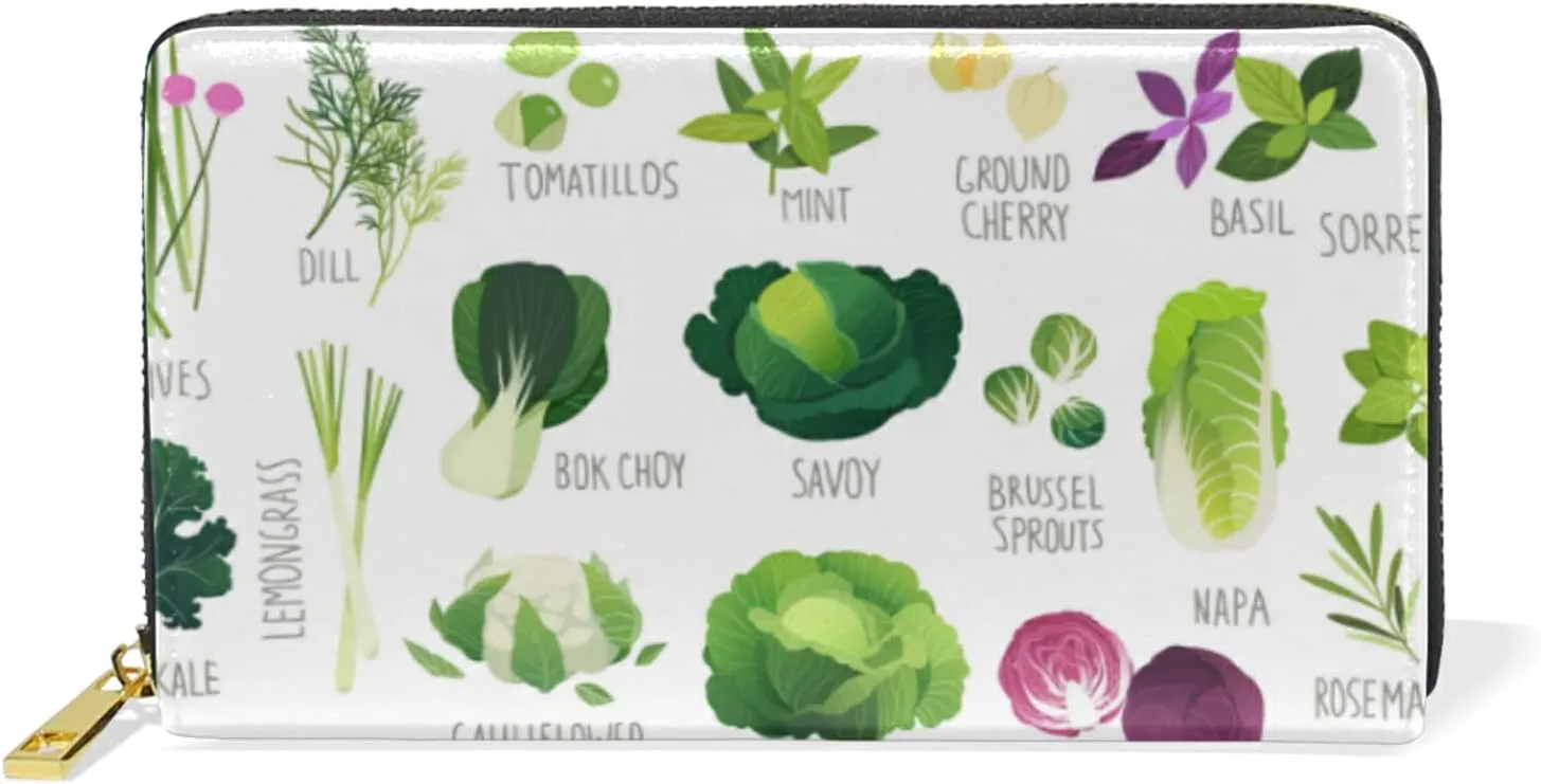 Seamless Collection of Various Vegetables and Common Herbs on White Leather Long Wallet Organizer with Zipper Purse Clutch Bag for Women Men