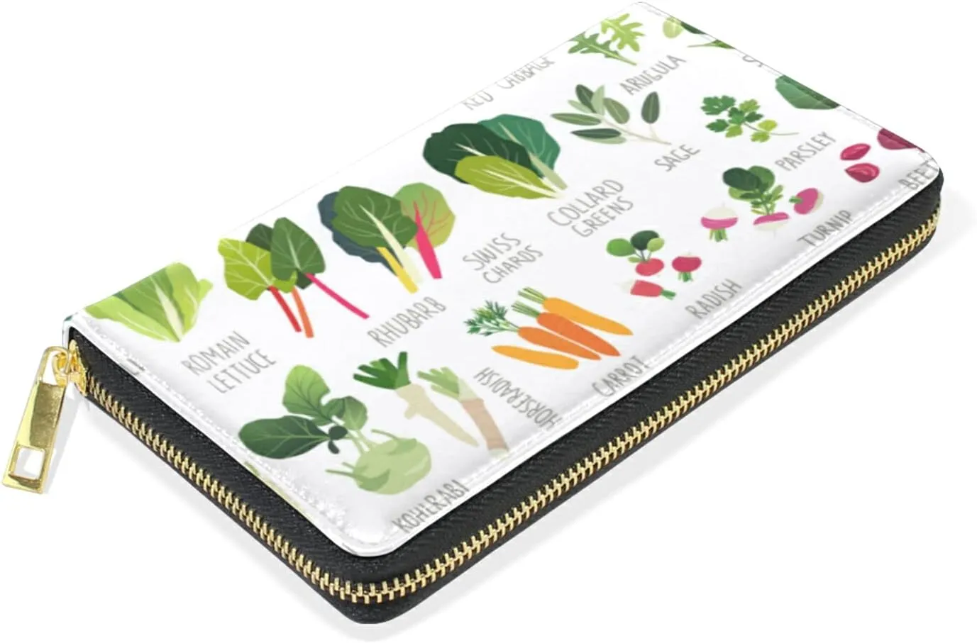 Seamless Collection of Various Vegetables and Common Herbs on White Leather Long Wallet Organizer with Zipper Purse Clutch Bag for Women Men