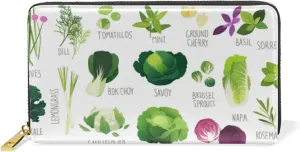 Seamless Collection of Various Vegetables and Common Herbs on White Leather Long Wallet Organizer with Zipper Purse Clutch Bag for Women Men