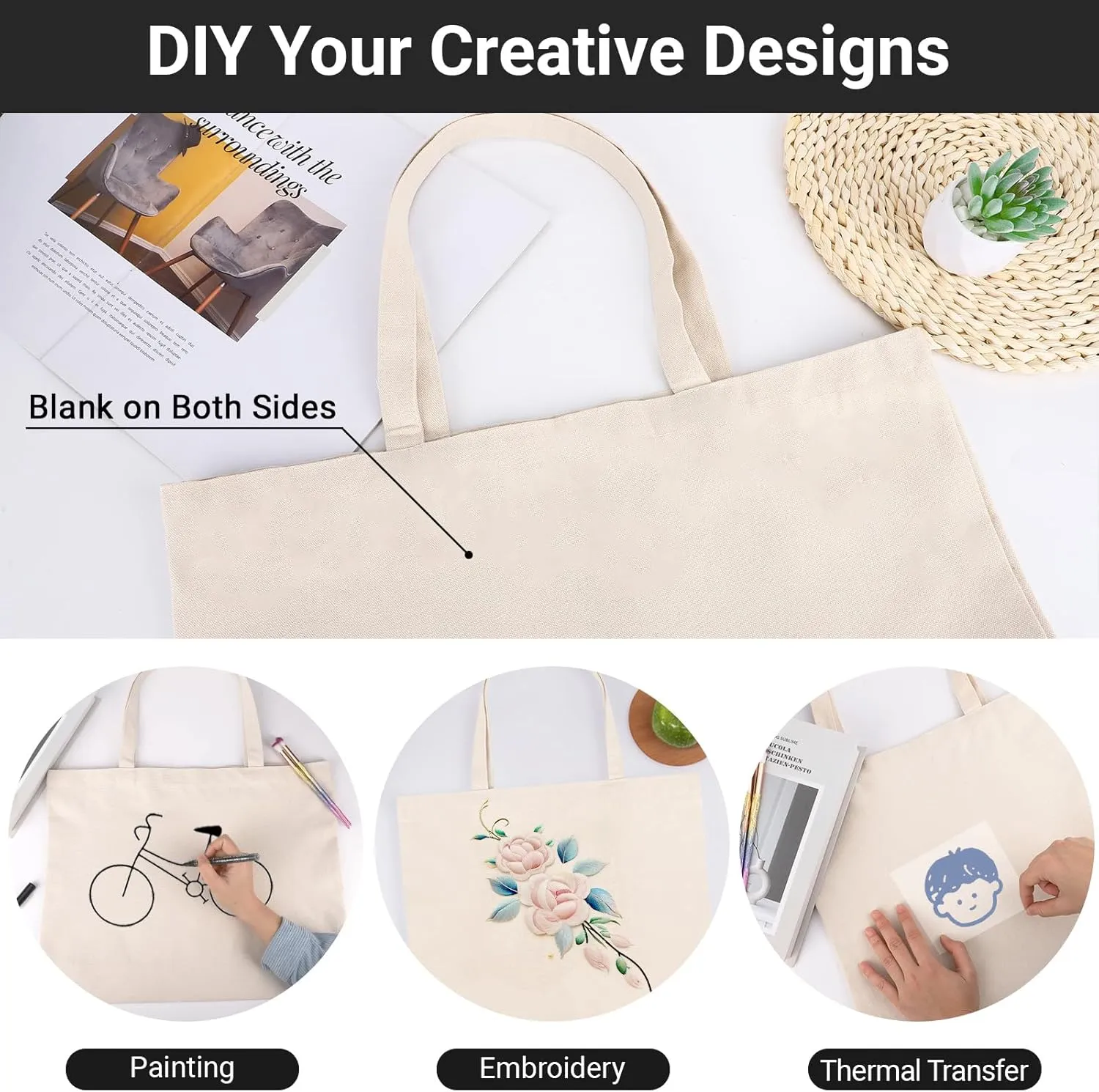 Segarty 6 Packs Large Canvas Tote Bags, 20X15 Inch Reusable Grocery Bag, Natural White Blank Cloth Heavy Duty Shopping Tote with Bottom Gusset & Shoulder for DIY Crafting Decorating