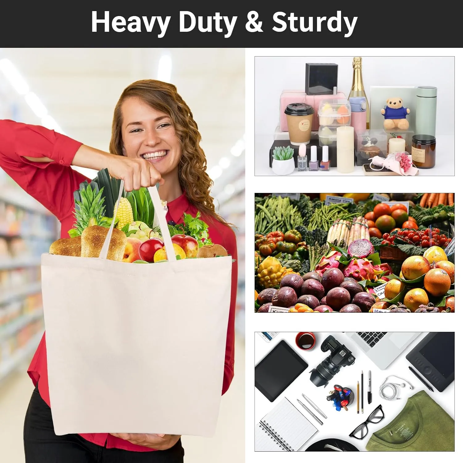 Segarty 6 Packs Large Canvas Tote Bags, 20X15 Inch Reusable Grocery Bag, Natural White Blank Cloth Heavy Duty Shopping Tote with Bottom Gusset & Shoulder for DIY Crafting Decorating