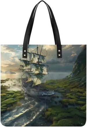 Ship Sea Navigation Leather Tote Bag for Women Men Shoulder Bag Casual Handbag Work Bag 39x39cm