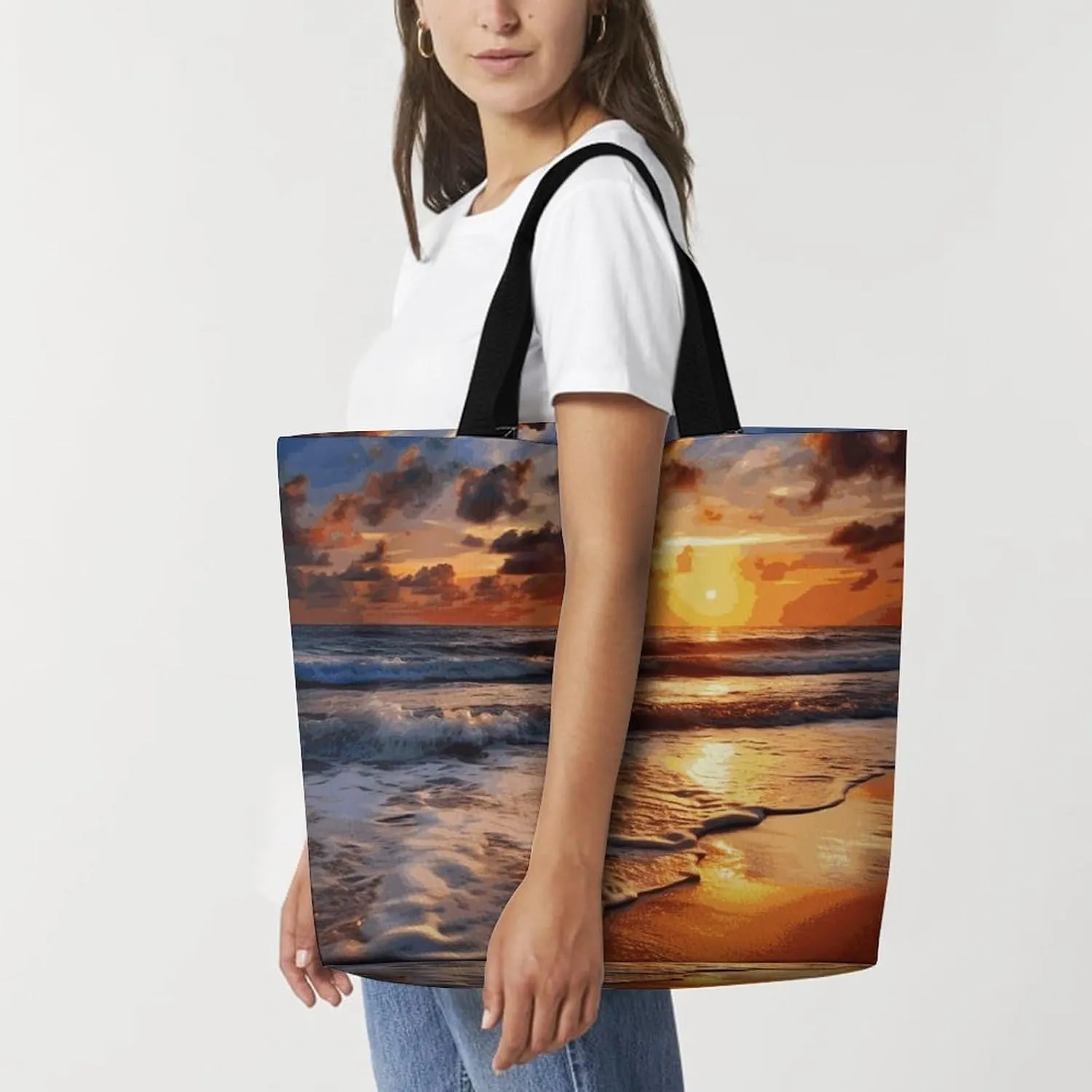Shopping Bag for Women, Beach Sunrise Tote Bag, Large Capacity Shoulder Bags for Groceries Travel