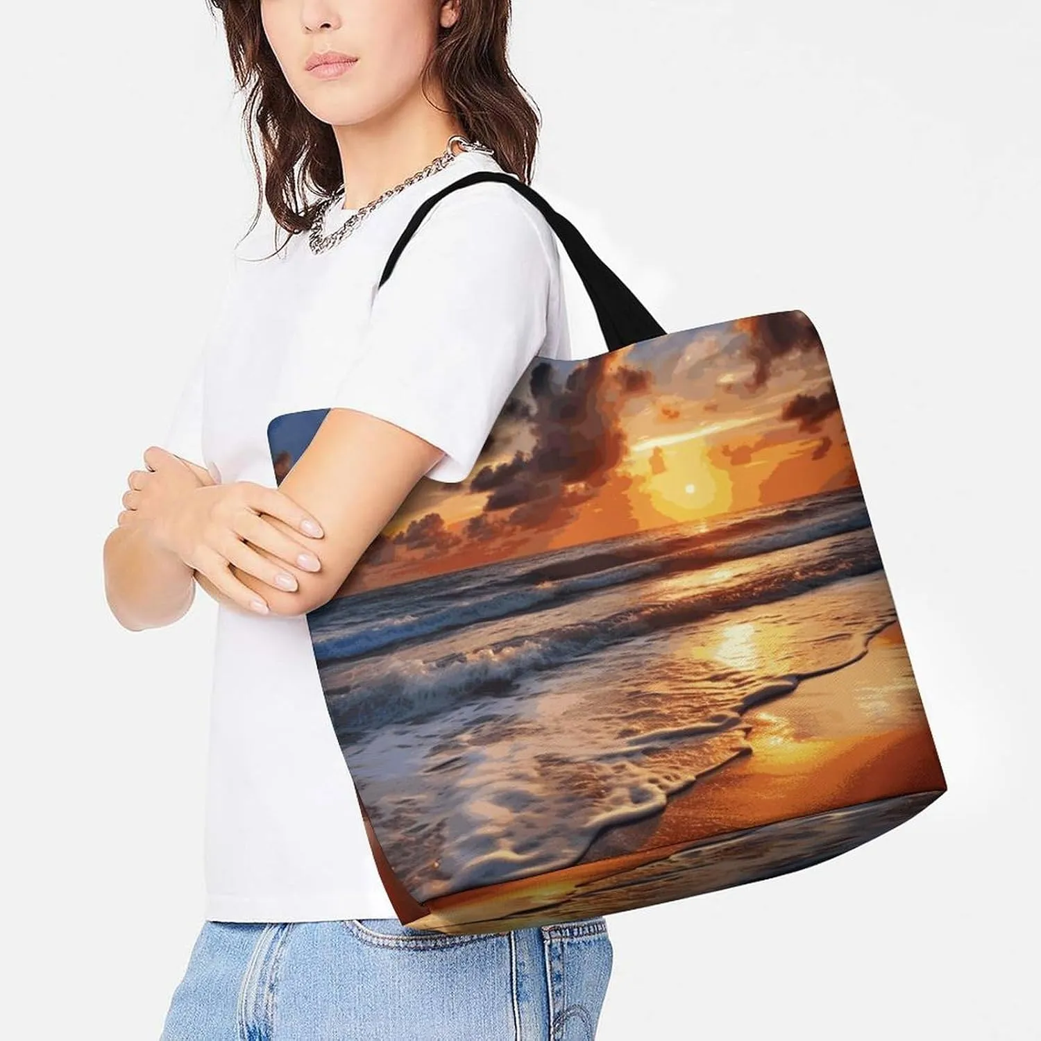 Shopping Bag for Women, Beach Sunrise Tote Bag, Large Capacity Shoulder Bags for Groceries Travel