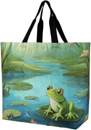 Shopping Tote Bag,Frog in A Pond Print Bulk Tote Bags,crossbody Tote Bag,reusable Shopping Bags