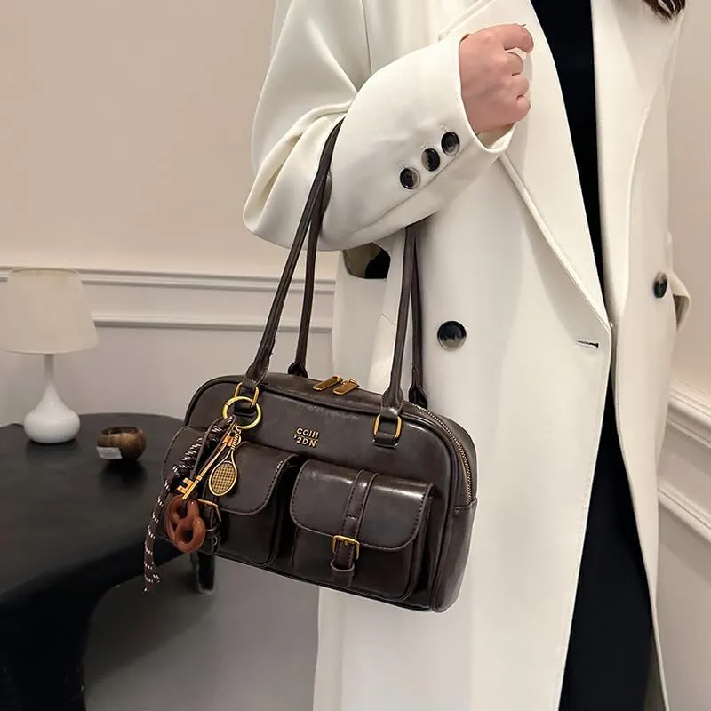 Shoulder Bag Retro Top Handle Bag Y2k 90s Multiple Pockets Designer Handbag Soft Trendy Underarm Purse