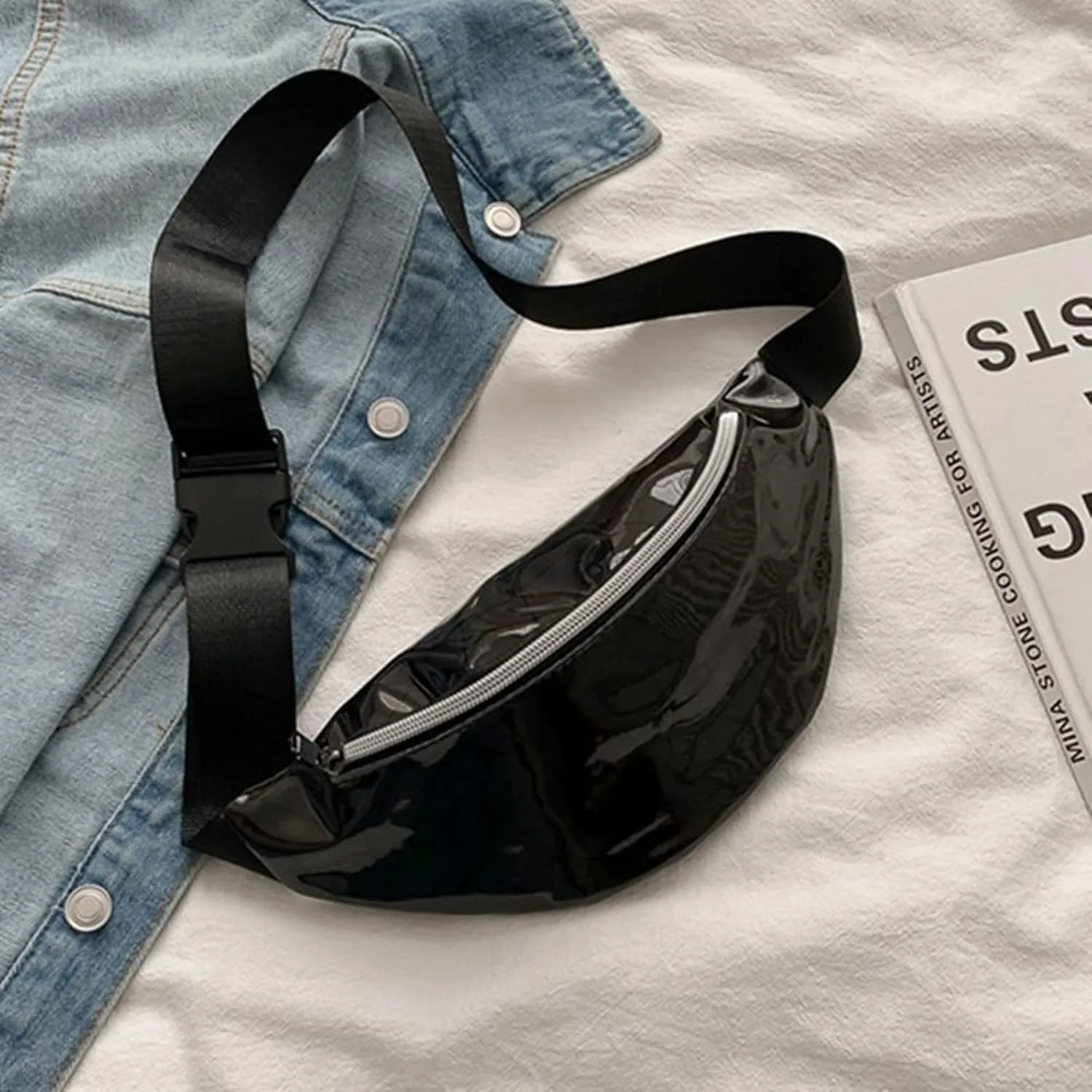 Shoulder Bags 1PC Holographic Pack Waist Bag PU Beach Travel Banana Hip Bum Zip Women Purse Belt Bags Girl Chest Bags(Black)