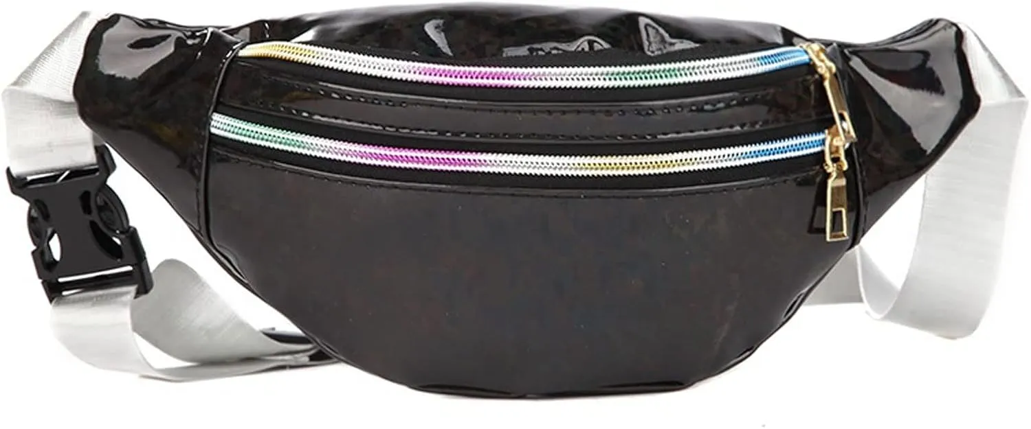 Shoulder Bags 1PC Holographic Pack Waist Bag PU Beach Travel Banana Hip Bum Zip Women Purse Belt Bags Girl Chest Bags(Black)