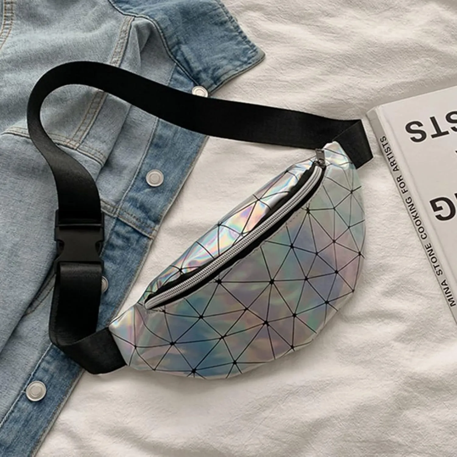 Shoulder Bags 1PC Holographic Pack Waist Bag PU Beach Travel Banana Hip Bum Zip Women Purse Belt Bags Girl Chest Bags(Black)